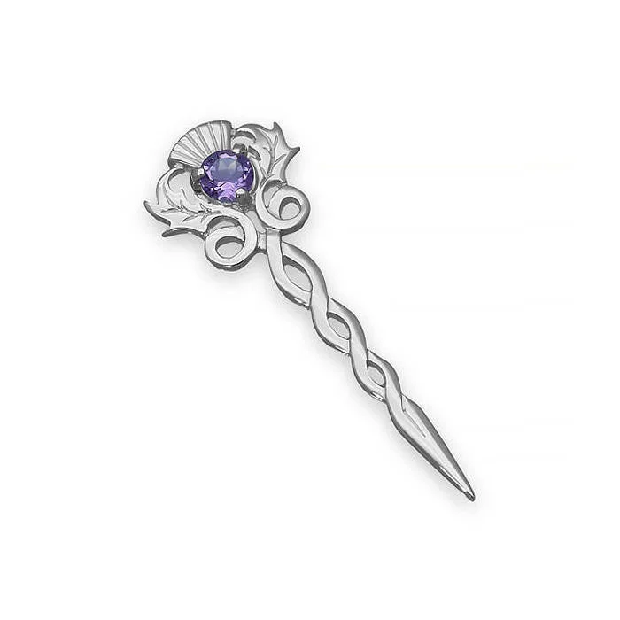 brooches for jackets-Scottish Amethyst Thistle Brooch Pin In Silver