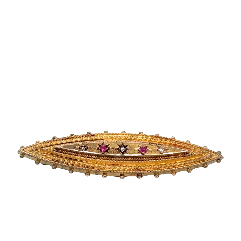 gold flower brooches for women-Antique Victorian Rose Cut Diamond and Ruby Brooch in 15k Rose Gold