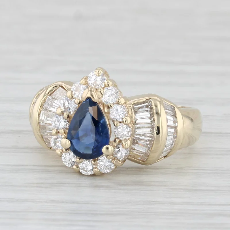 engagement rings with diamonds for women-1.61ctw Blue Sapphire Diamond Halo Teardrop Ring 14k Yellow Gold Size 5