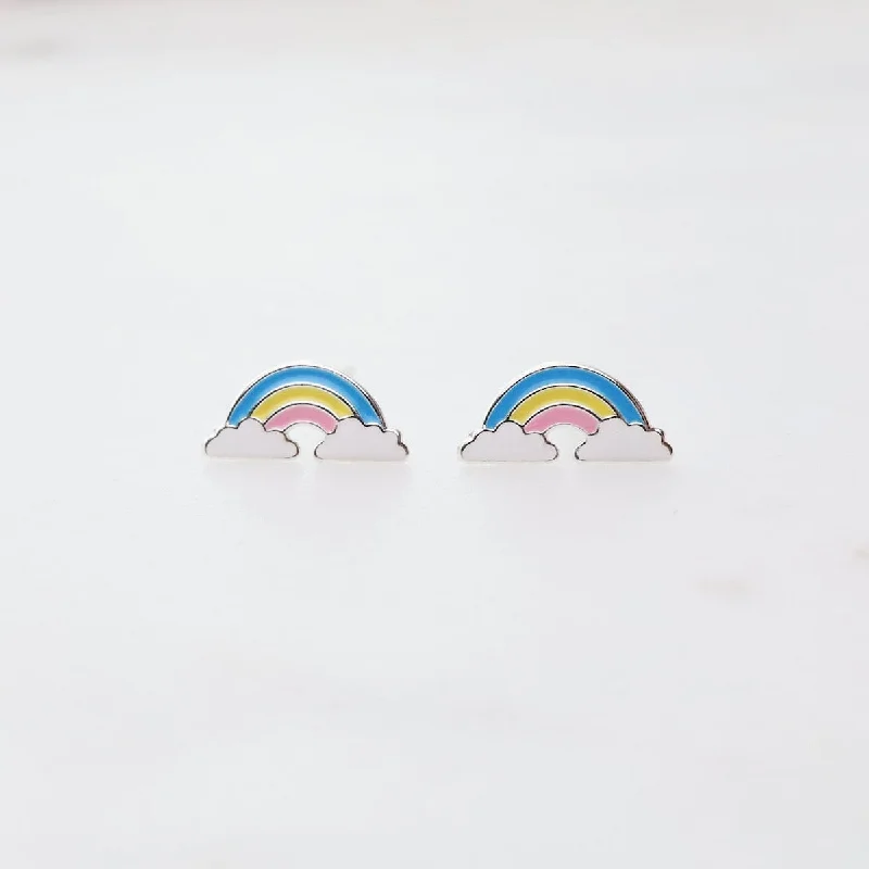 crystal earrings for women-Enamel Rainbow in Clouds Post Earrings - Blue, Yellow, & Pink