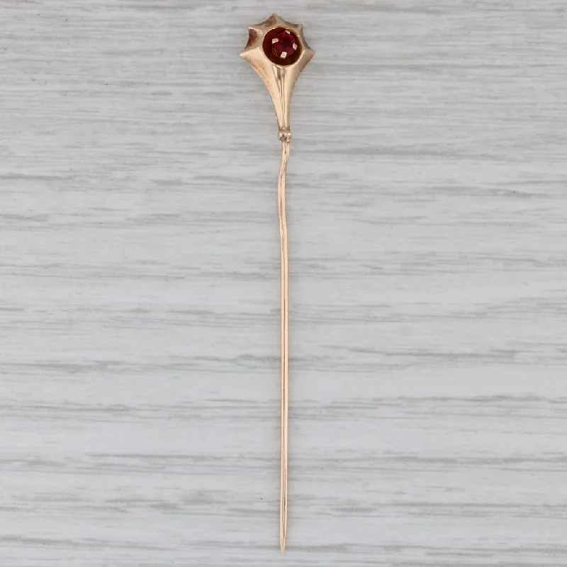 engagement rings with rubies for women-Antique Red Glass Stickpin 14k Yellow Gold Pin