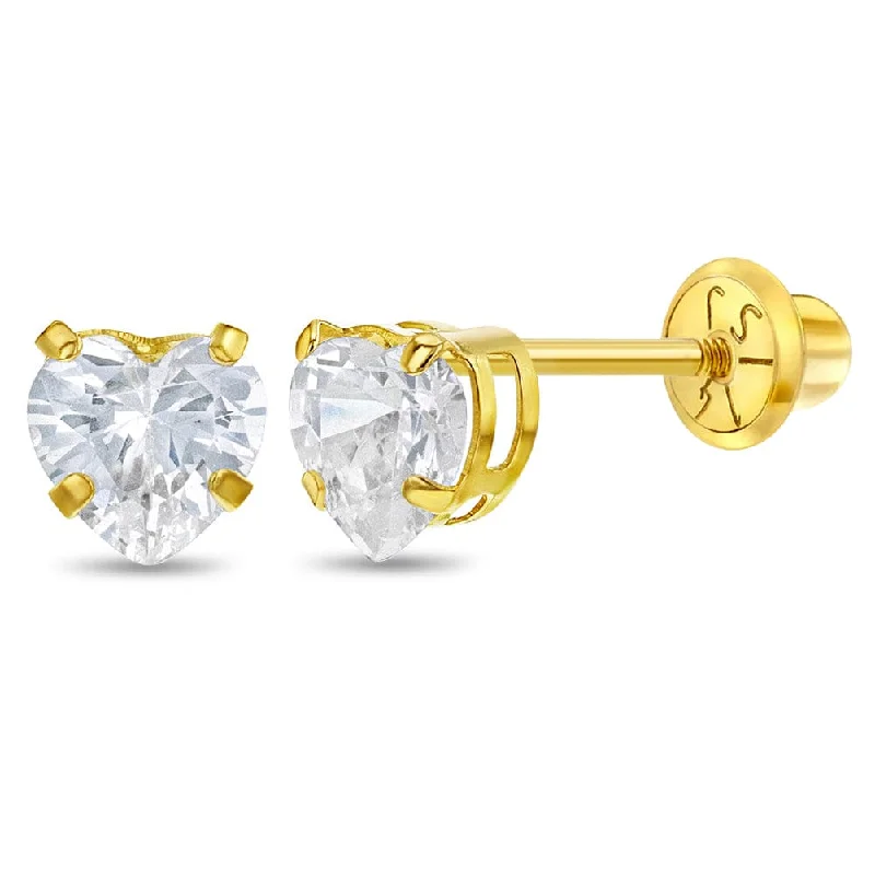 unique earrings for women-14k Classic 5mm CZ Heart Earrings - Screw Back