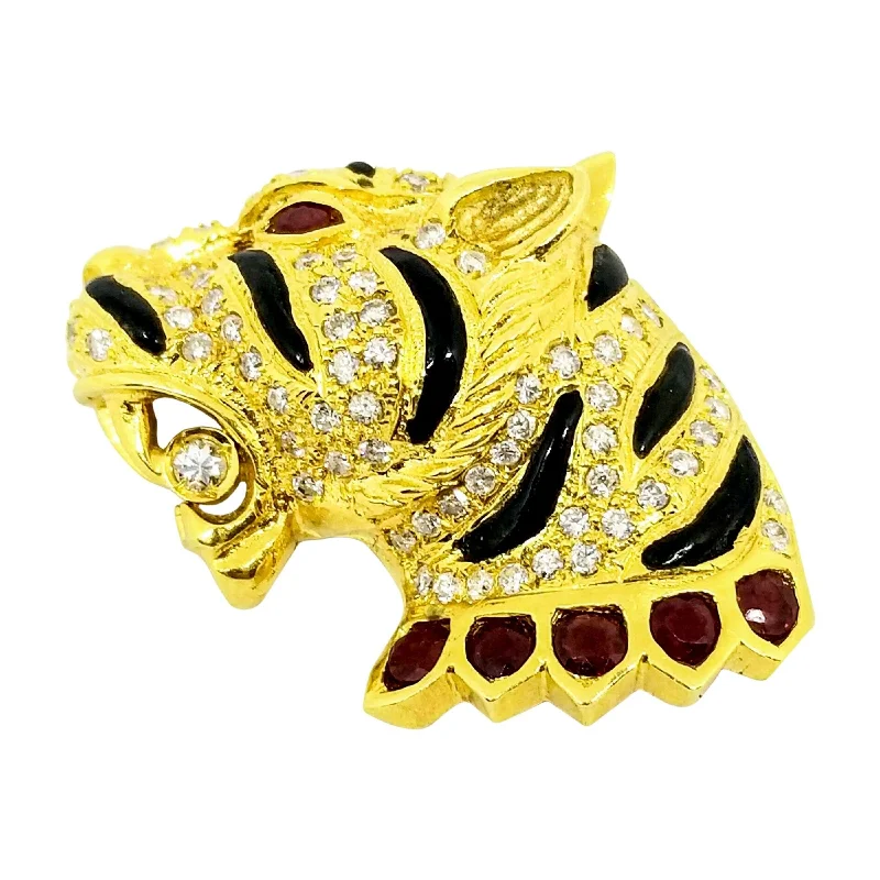 cocktail brooches for women-Tiger Brooch with Diamonds and Rubies set in Yellow Gold