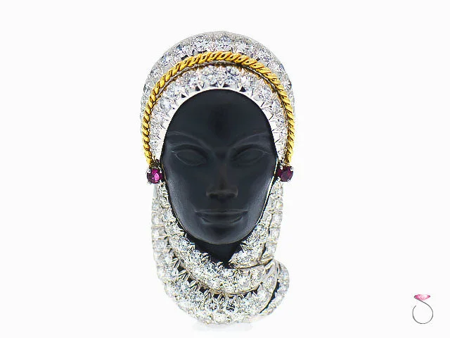 personalized brooches for women-Rare Veiled Lady 4.60 ctw Diamond, Ruby & Ebony Brooch in Platinum and 18K