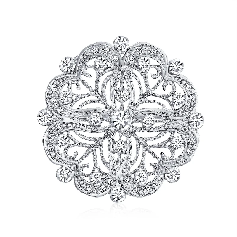 bridal brooches for women-Vintage Antique Style Floral Heart Filigree CZ Brooche Pin Silver Brass