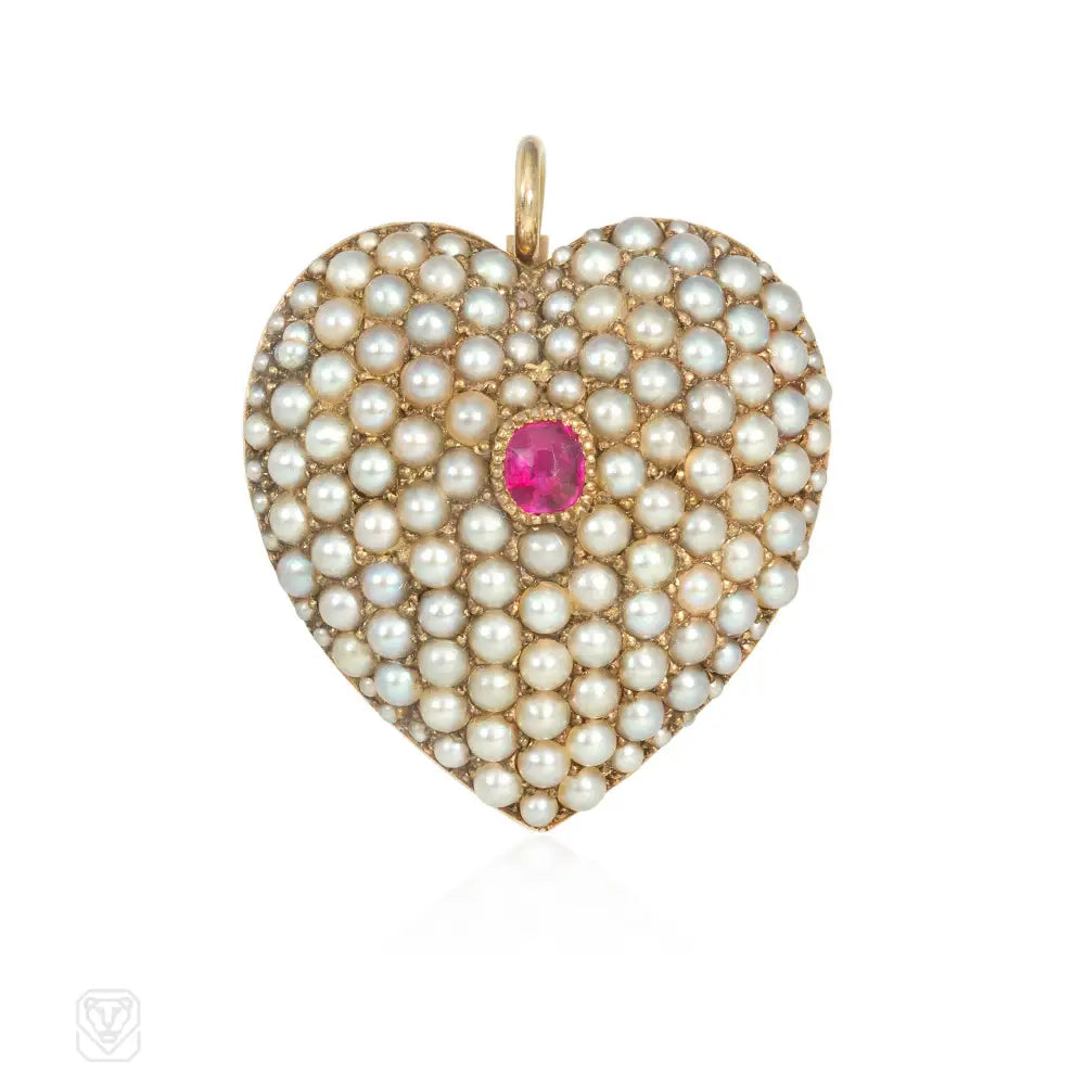 silk brooches for women-Antique pearl and ruby heart pendant/brooch