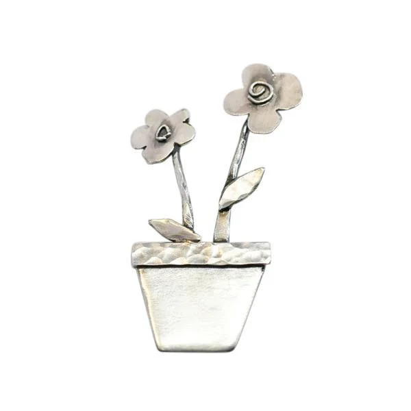 nature-themed brooches for women-Sterling Silver Plant Pot and Flowers Brooch