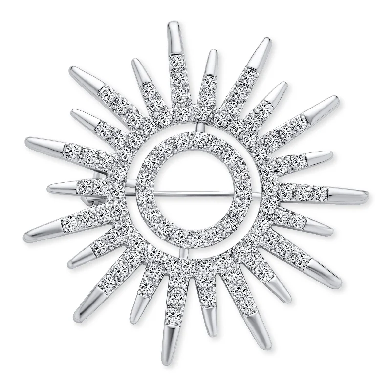 3D brooches for women-Summer Flaming Sunshine Micro Pave CZ Starburst Brooche Pin Silver Plated