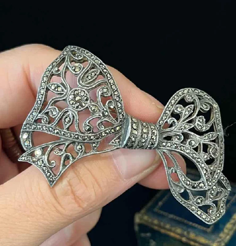 artistic brooches for women-1930s Marcasite Sterling Silver Bow Brooch