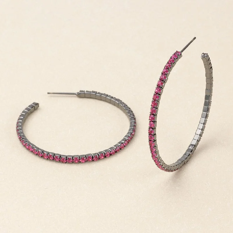 mixed metal earrings for women-Sparkle & Shine Large Rhinestone Hoop Earrings - Fuchsia Gunmetal