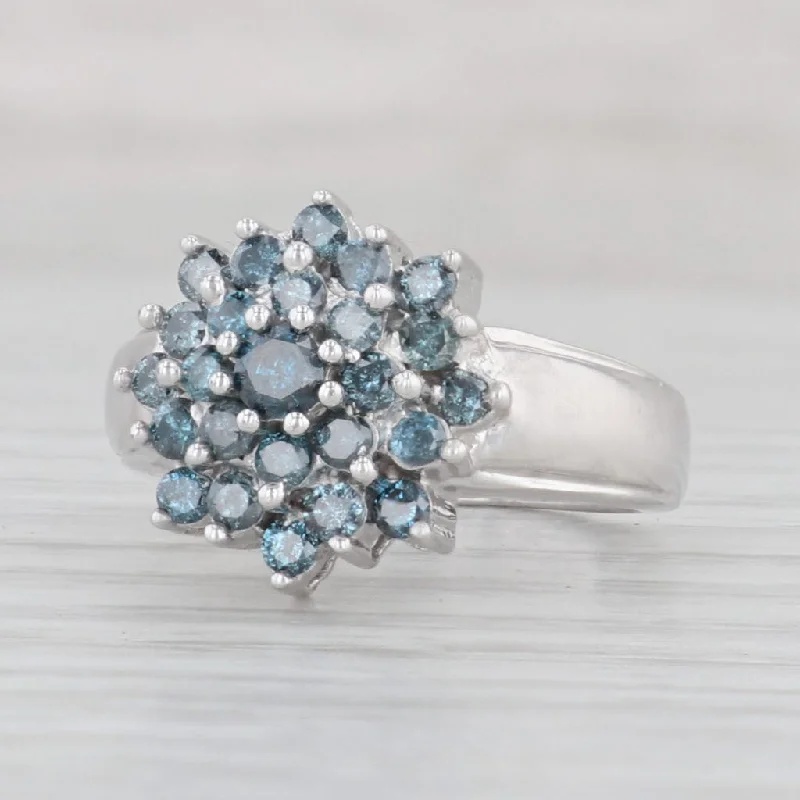 diamond engagement rings for women-0.80ctw Blue Diamond Flower Cluster Ring 10k White Gold Size 6.5