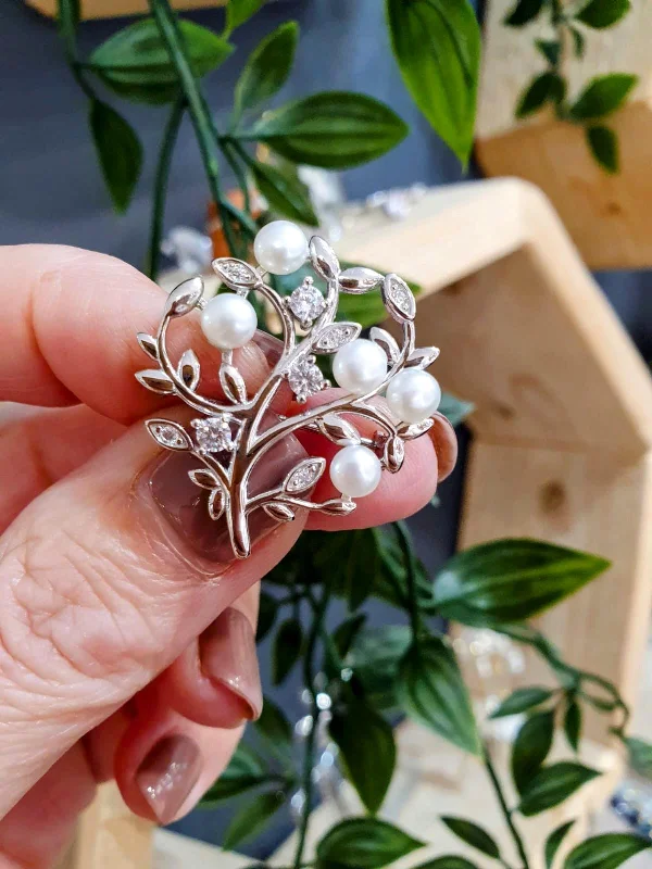 soft enamel brooches for women-Sterling Silver Pearl and Cubic Zirconia Tree of Life Brooch