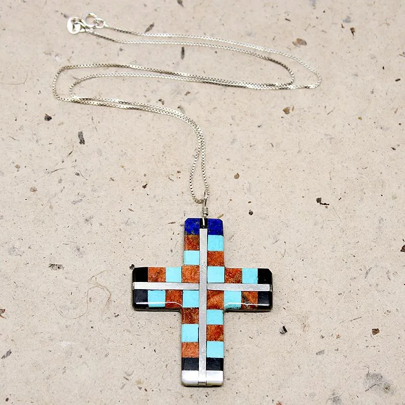 initial necklaces for women-Colorful Inlay Santo Domingo Cross