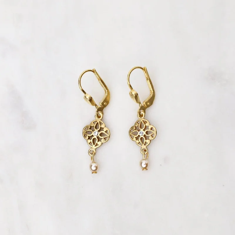 clip-on earrings for women-Gold Small Crystal Lotus Earrings with Pearl Drop