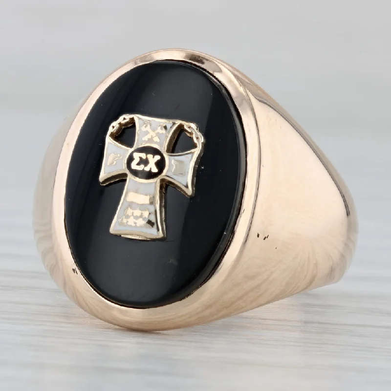 luxurious engagement rings for women-Vintage Sigma Chi Badge Signet Ring 10k Gold Onyx Fraternity Signet Size 9.5