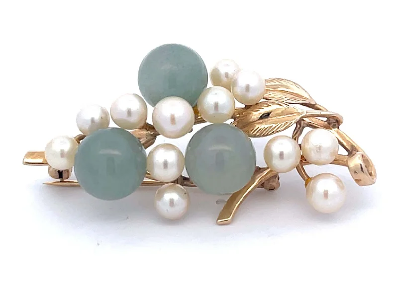 bridal brooches for women-Mings Round Jade Leaf and Pearl Brooch in 14k Yellow Gold