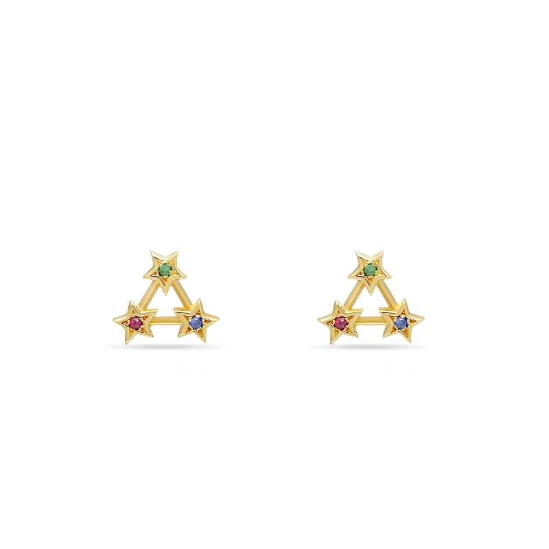 ear cuff earrings for women-Rainbow Star Stud Earring - 14 karat gold earring studs, ruby 0.02ct, sapphire 0.02ct, emerald 0.02ct