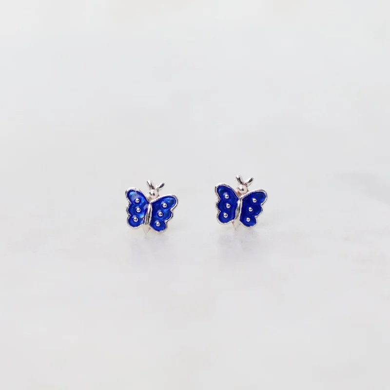 silver earrings for women-Enamel Butterfly Post Earrings in Dark Blue