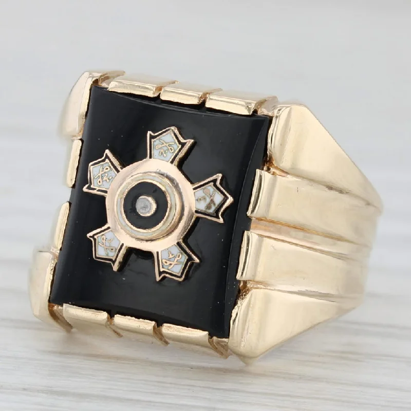 modern engagement rings for women-Vintage Sigma Nu Onyx Signet Ring 10k Yellow Gold Greek Fraternity Size 8.5