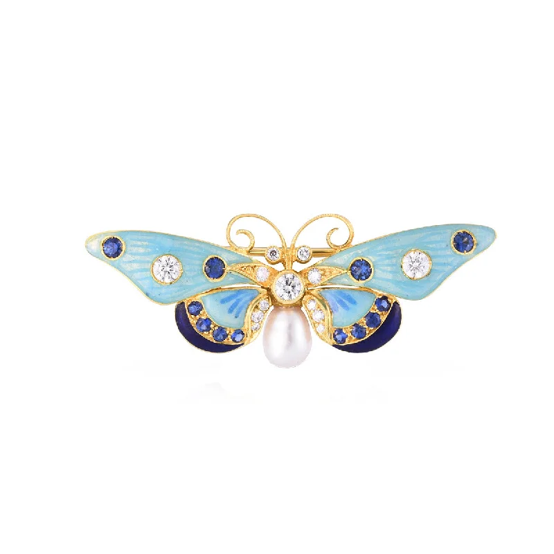 animal brooches for women-Baroque Pearl, Sapphire and Diamond Butterfly Brooch