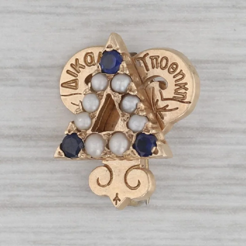 two-tone engagement rings for women-Delta Upsilon Badge 10kGold Pearl Lab Created Sapphire Vintage Fraternity Pin