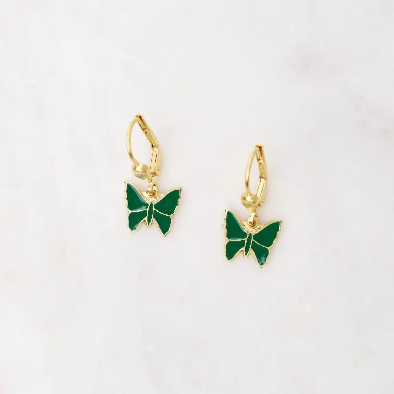 sterling silver earrings for women-Gold Green Enamel Butterfly Earrings