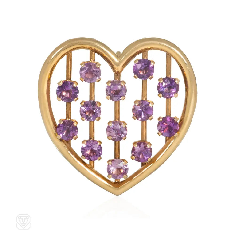 animal brooches for women-1940s Tiffany gold and amethyst heart brooch, convertible to pendant