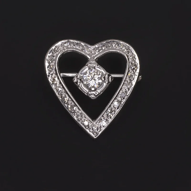 fashion brooches for women-VINTAGE DIAMOND HEART SHAPE PIN BROOCH 14k WHITE GOLD NATURAL ESTATE PENDANT