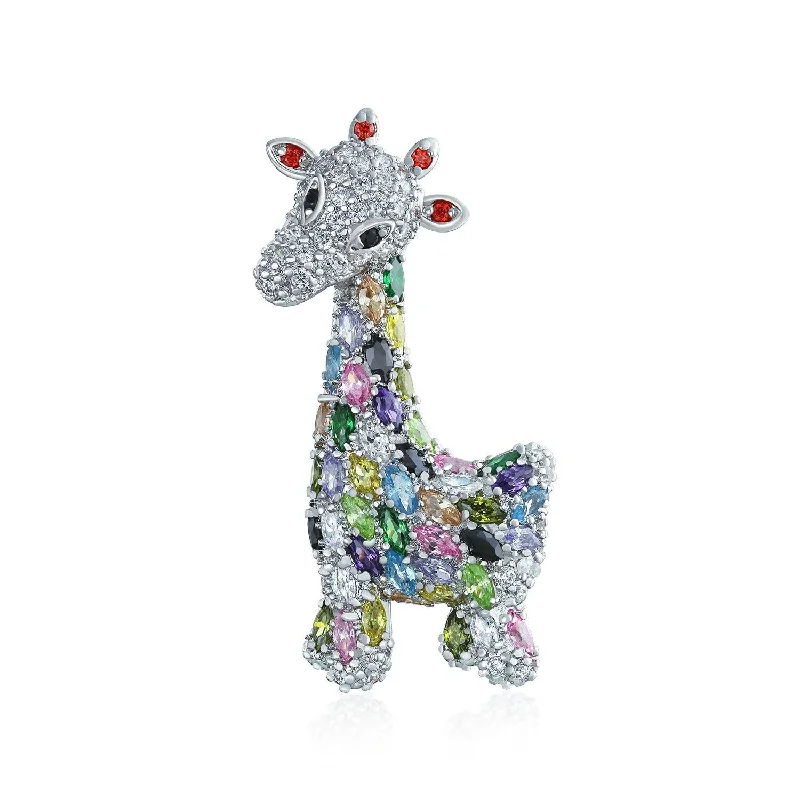 elegant brooches for women-Giraffe Zoo Animal Brooche Pin with Colorful CZ Pave and Silver Tone Finish