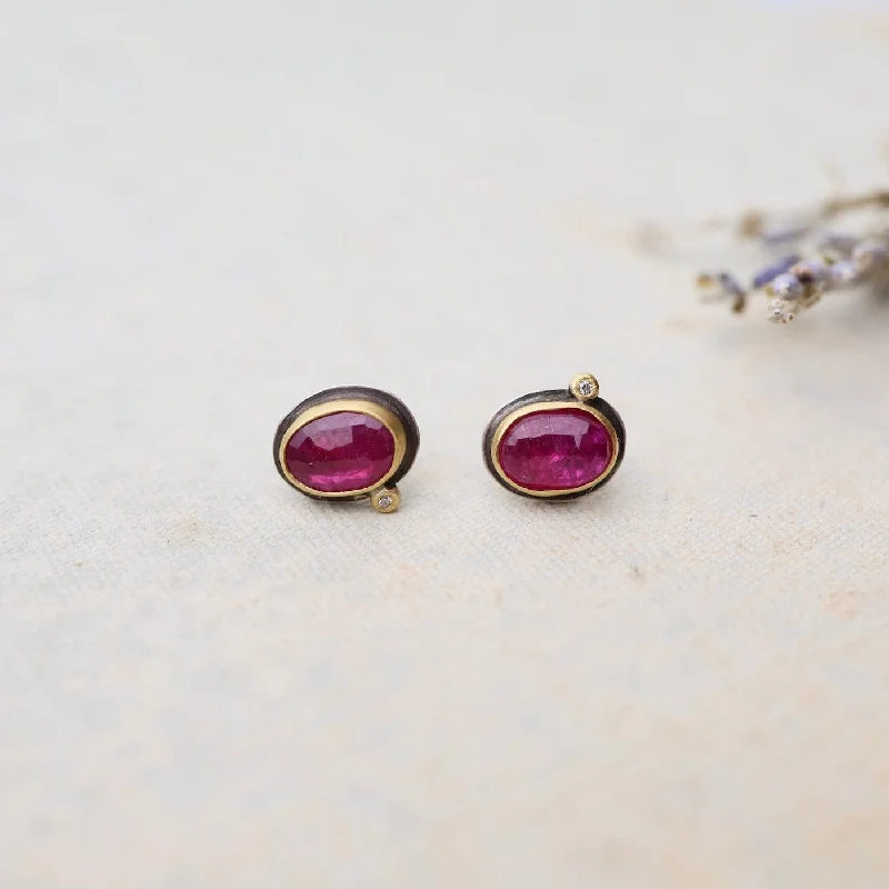 fashion statement earrings for women-Rose Cut Ruby with Diamond Dot Stud Earrings