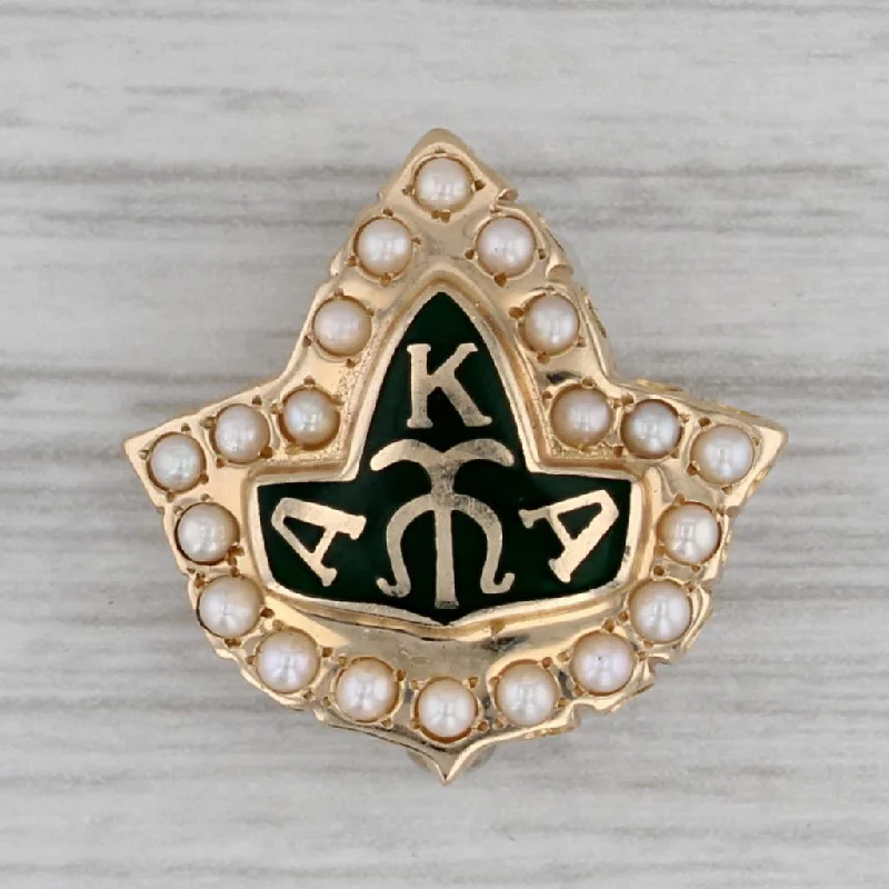 geometric engagement rings for women-Alpha Kappa Alpha Fraternity Pin 10k Gold Pearl Enamel Leaf Badge