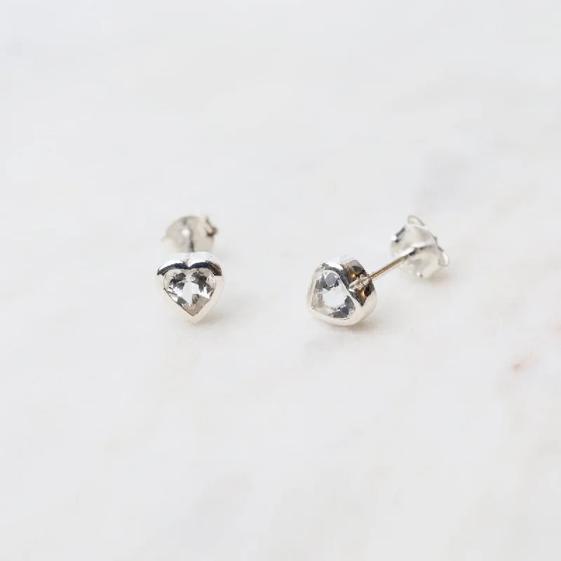 butterfly earrings for women-Bezel Set White Topaz Heart Post Earrings