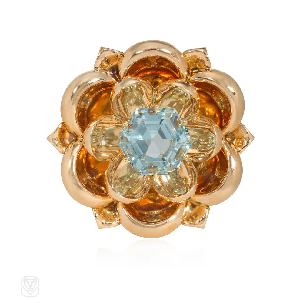 vintage flower brooches for women-Cartier Retro gold and aquamarine reflections brooch