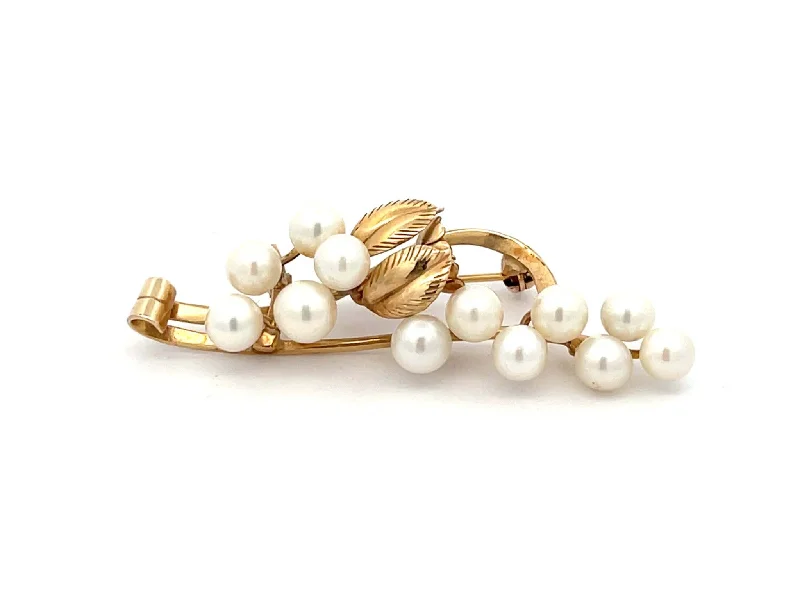 crystal brooches for women-Mings Pearl Branch Brooch in 14k Yellow Gold