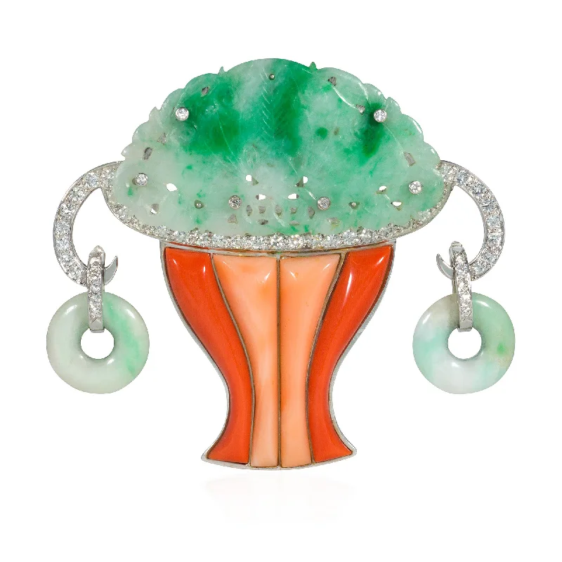 pearl brooches for women-French Art Deco diamond, jade and coral topiary brooch