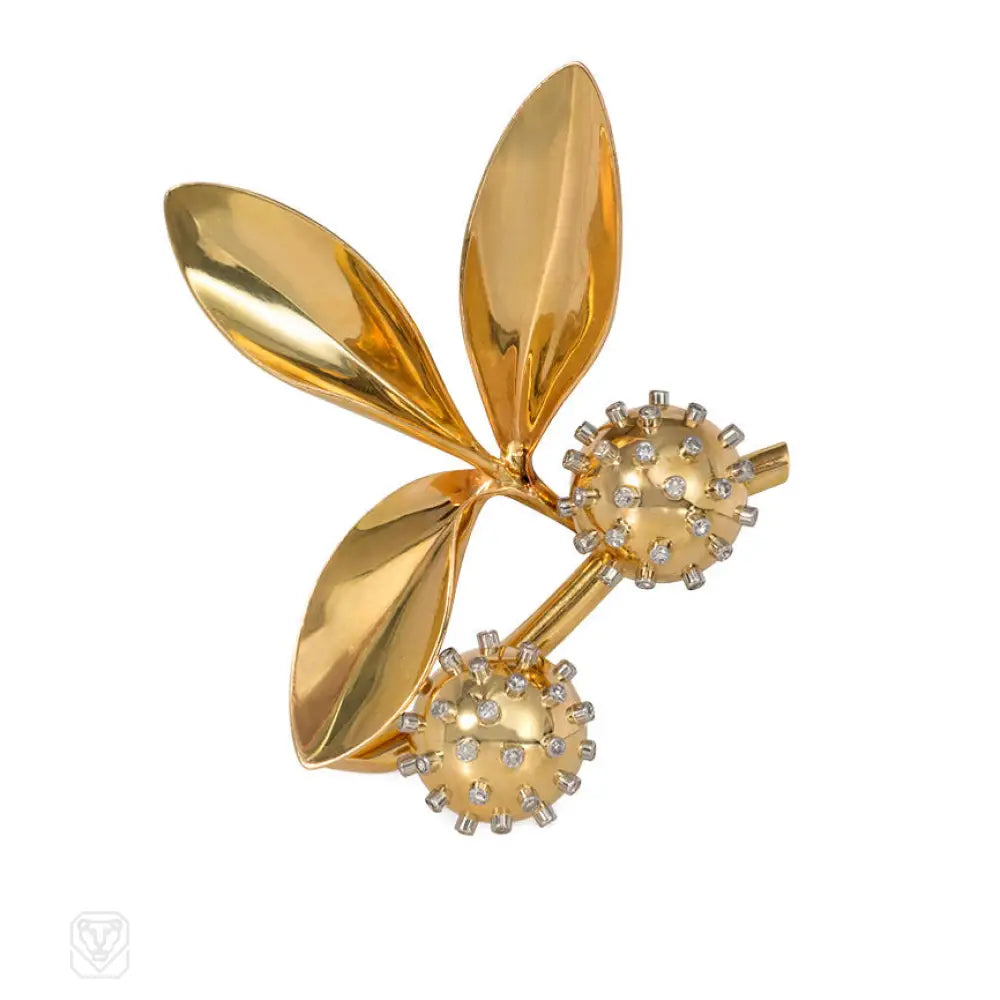 big brooches for women-French Retro gold and diamond leaves and chestnuts brooch