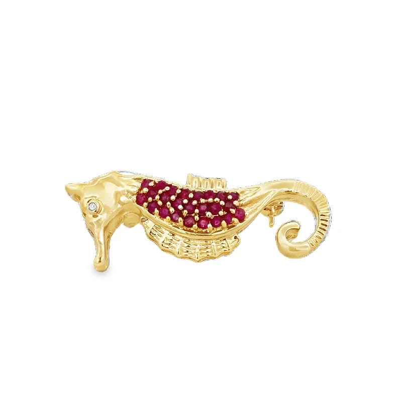 charming brooches for women-Vintage Ruby and Diamond Seahorse Brooch in Yellow Gold