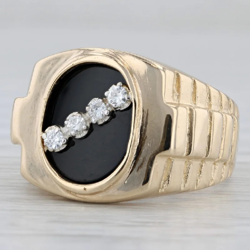 sapphire engagement rings for women-Onyx Diamond Men's Signet Watch Style 14K Yellow Gold Ring Size 10.75