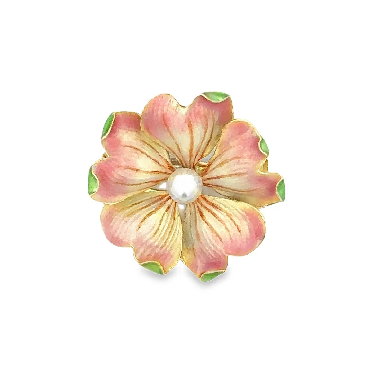 floral gemstone brooches for women-Antique Enamel Art Nouveau Flower Brooch in Yellow Gold