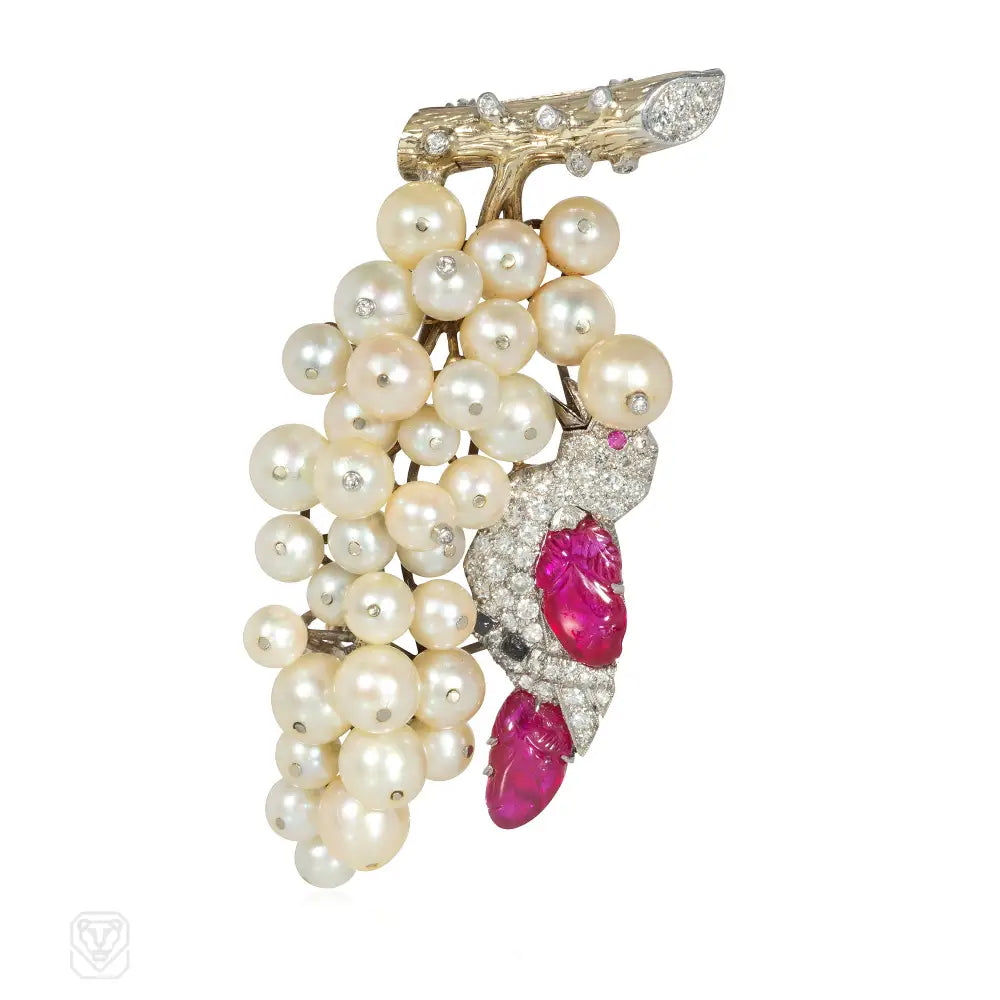 feather brooches for women-1930s J. E. Caldwell ruby, diamond, and pearl grape cluster brooch