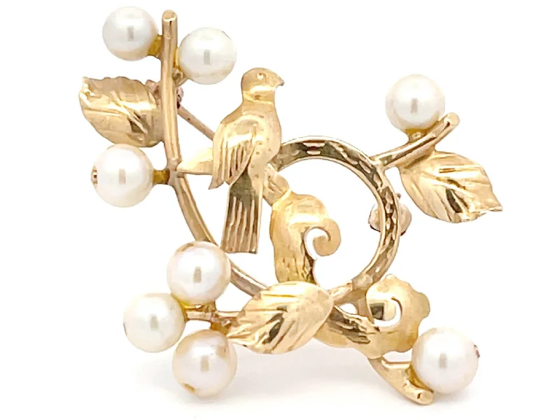 art deco brooches for women-Mings Bird on a Plum Akoya Pearl Brooch in 14k Yellow Gold