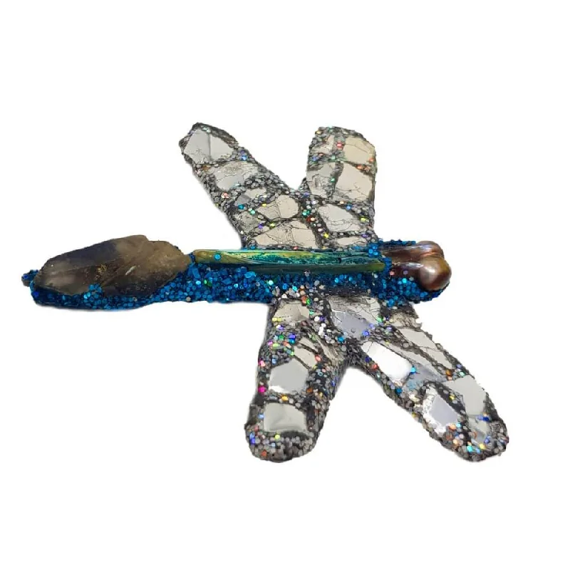 cute brooches for women-BLUE AND SILVER DRAGONFLY BROOCH - POLLINATOR