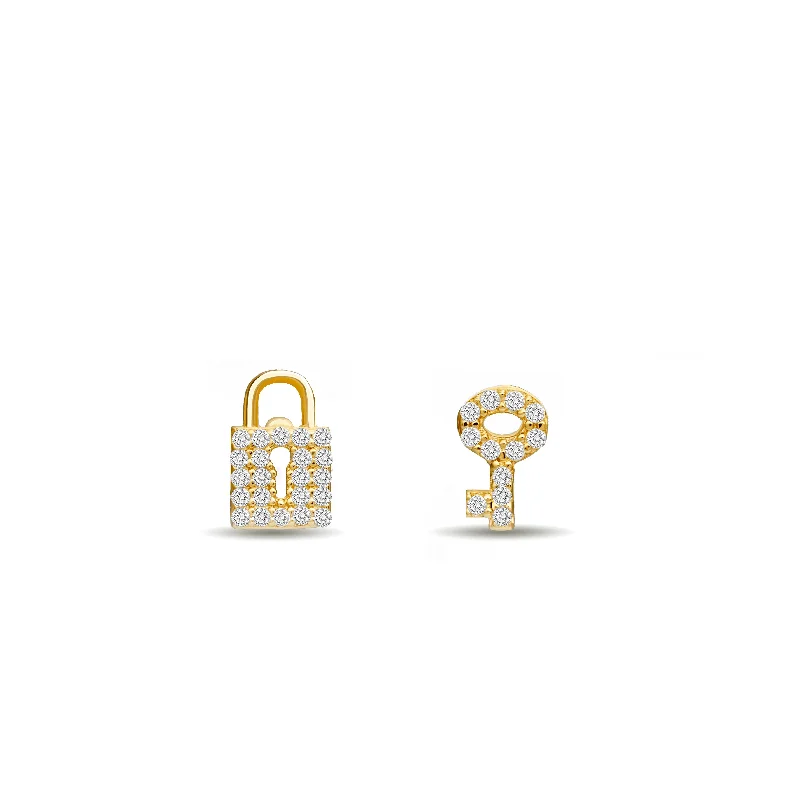 silver hoop earrings for women-Diamond Pave Lock & Key Stud Earring - 14 karat gold diamond earring studs, diamonds 0.17ct