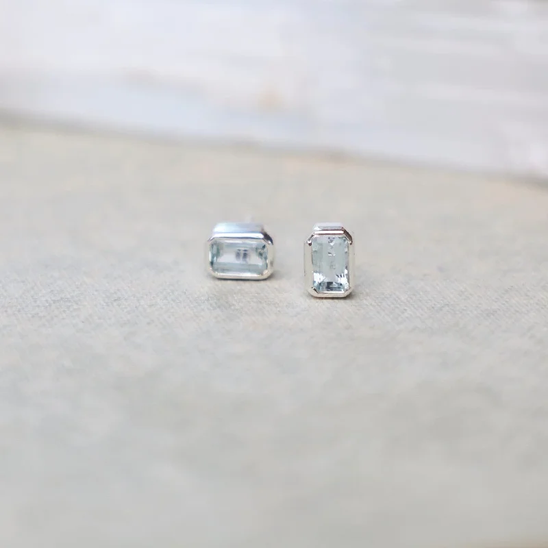 minimalist earrings for women-Sterling Silver Bezel Set Octagon Cut Aquamarine Post Earrings