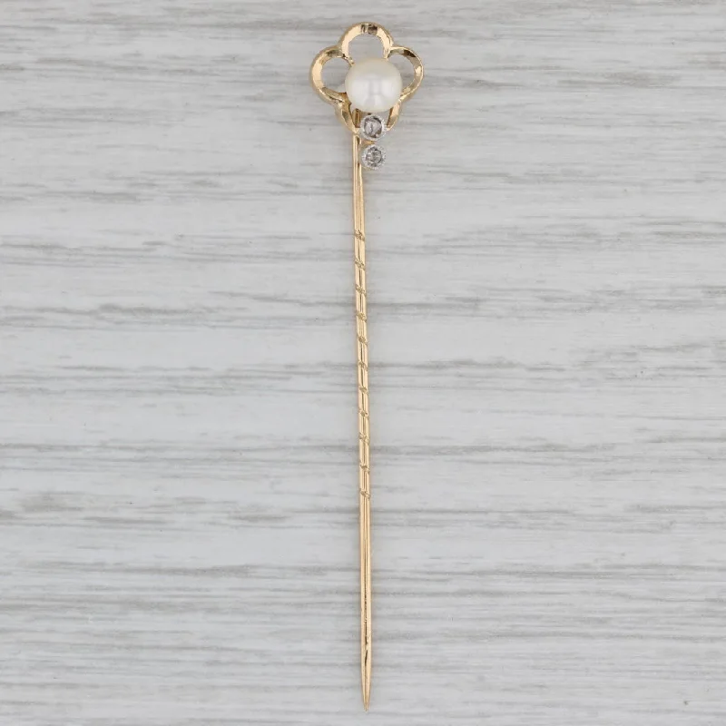 platinum engagement rings for women-Antique Cultured Pearl Diamond Stickpin 18k Pin 14k Top Yellow Gold