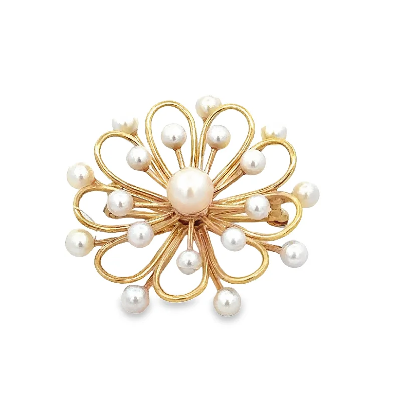 colorful flower brooches for women-Vintage 1980s Akoya Pearl Brooch in Yellow Gold