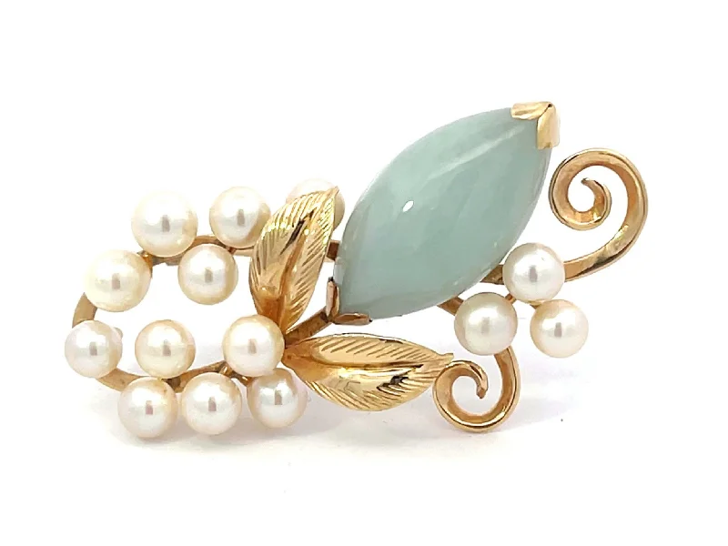 handmade brooches for women-Mings Hawaii Jade and Pearl Leaf Branch Brooch in 14k Yellow Gold