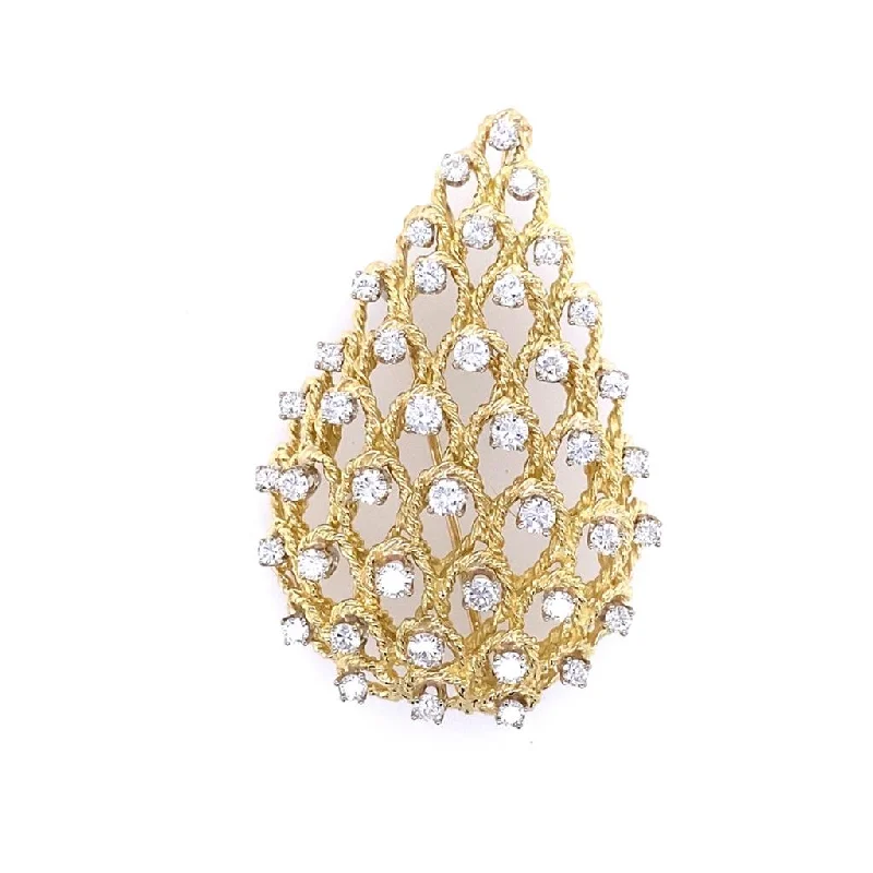 long pin brooches for women-Estate 18K Yellow Gold 2.25ctw Round Diamond Pear Shaped Weave Brooch