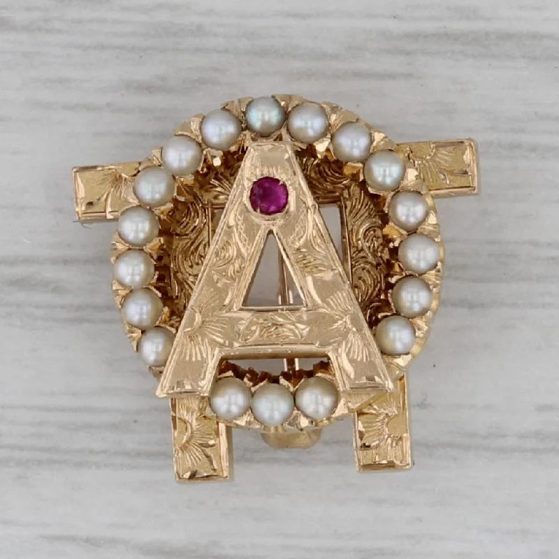 engagement rings for women with baguette diamonds-Alpha Omicron Pin 14K Gold Pearl Ruby Vintage Sorority Badge