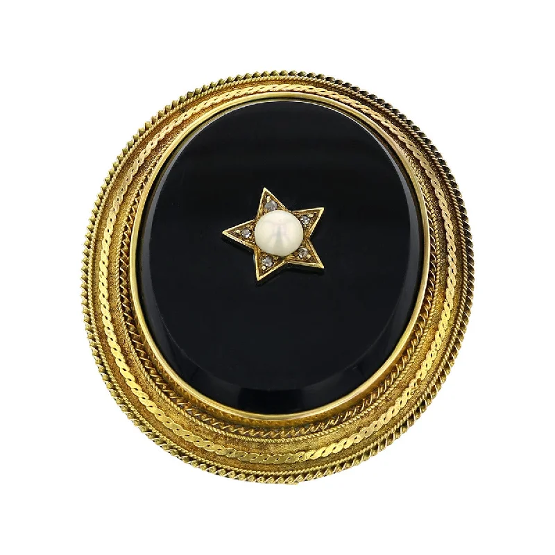 holiday brooches for women-Mid-Century Onyx Brooch with Pearl and Diamonds